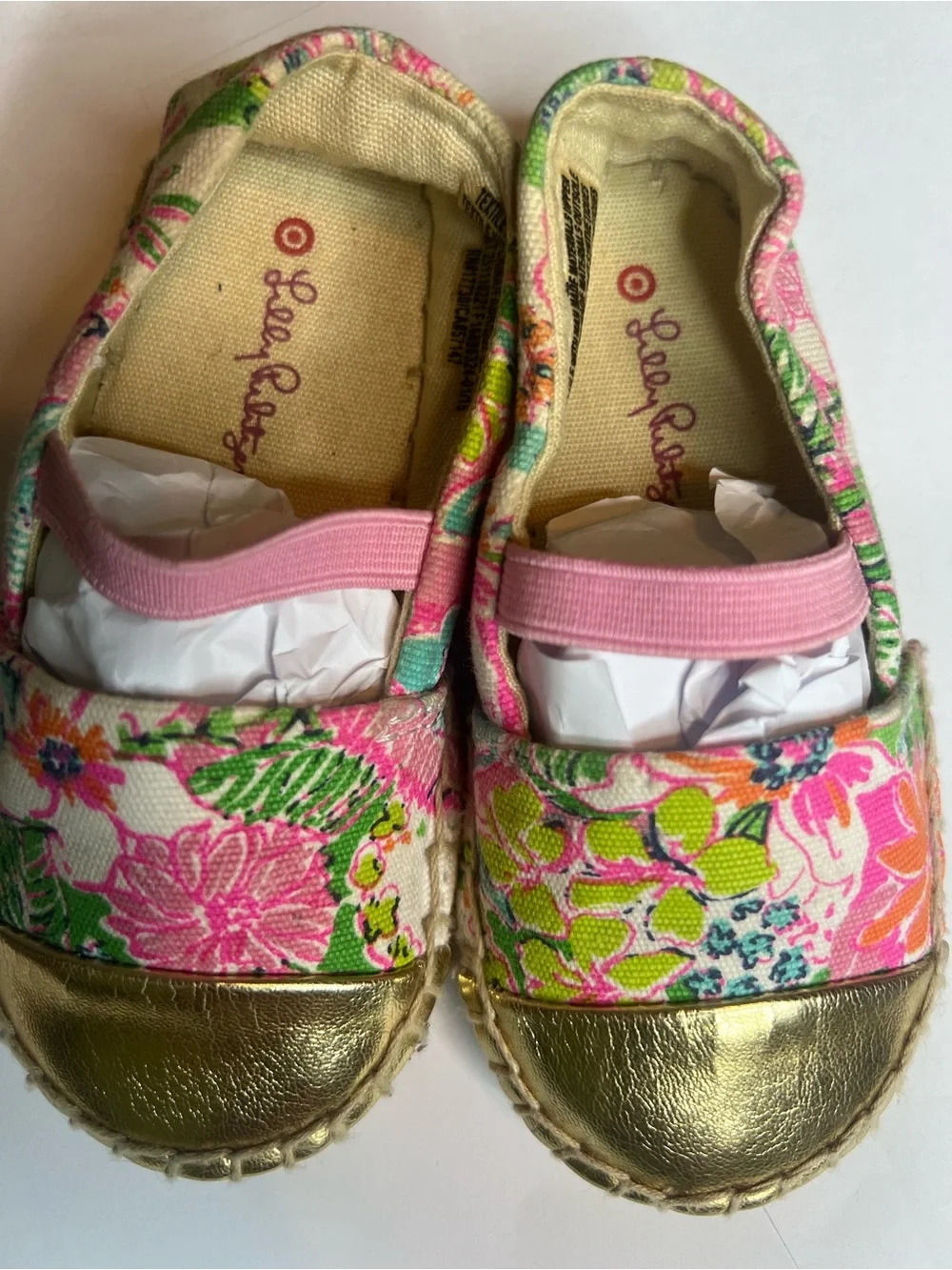 Lilly Pulitzer Girls Floral Espadrille Flats Slip On Metallic Gold Toe Size 6